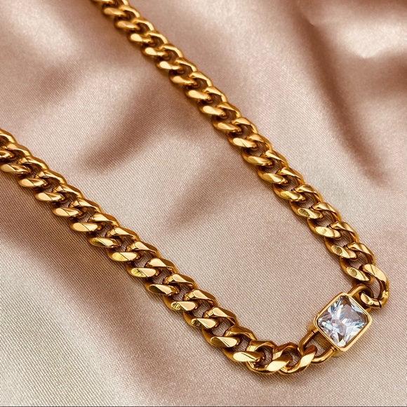 Luzy Jewelry Jewelry - 18K Gold White CZ Square Cut Cuban Link Choker Necklace